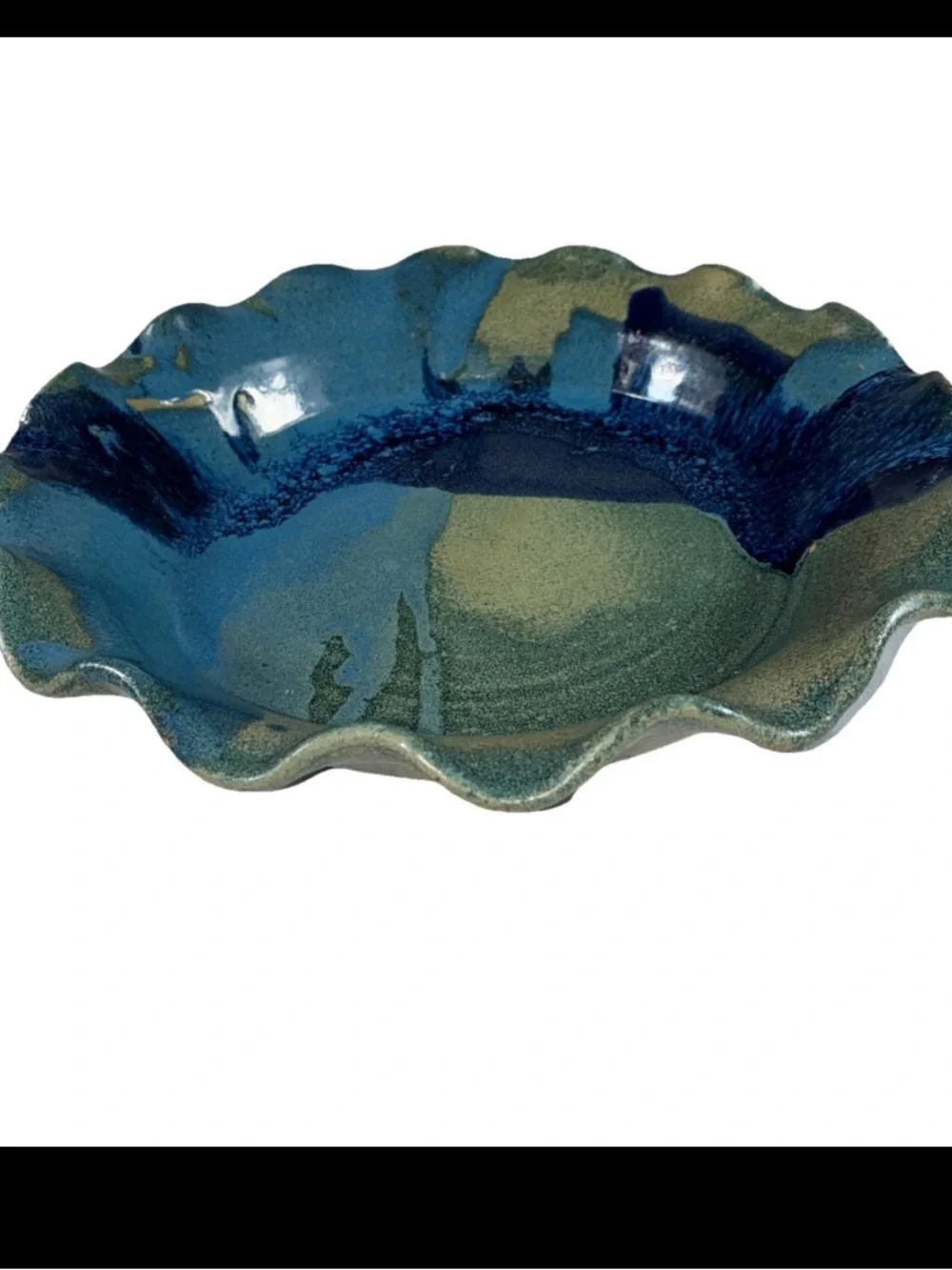 Vintage Studio Pottery Scalloped Stoneware Pie Dish Blue Glaze Signed 10 1/2”w